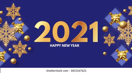 Happy New 2021 Year design template with gifts, fir tree branches, glossy golden balls and gold snowflakes