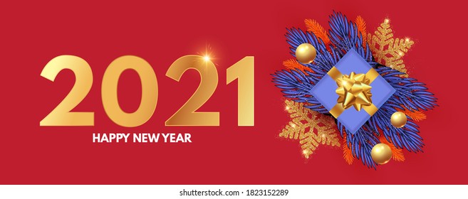Happy New 2021 Year design template with gifts, fir tree branches, glossy golden balls and gold snowflakes