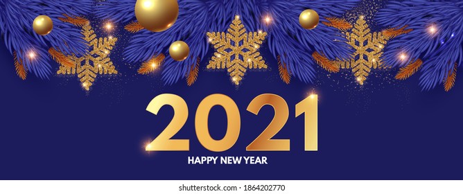 Happy New 2021 Year design template with gifts, fir tree branches, glossy golden balls and gold snowflakes