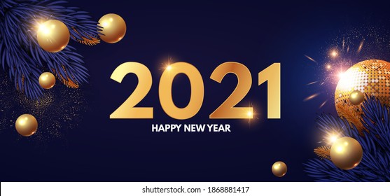 Happy New 2021 Year design template with gifts, fir tree branches, glossy golden balls and gold snowflakes