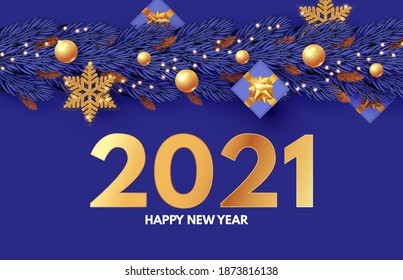 Happy New 2021 Year design template with gifts, fir tree branches, glossy golden balls and gold snowflakes