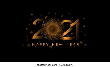 Happy new 2021 year! Elegant gold text with salute. Minimalistic template. Black New Year Background. New Year 2021 logo text design. Vector illustration.