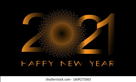 Happy new 2021 year! Elegant gold text with salute. Minimalistic template. Black New Year Background. New Year 2021 logo text design. Vector illustration.