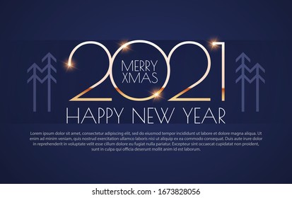 Happy new 2021 year! Elegant gold text with light. Minimalistic text template.