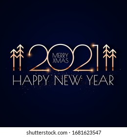 Happy new 2021 year! Elegant gold text with light. Minimalistic text template.
