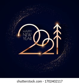 Happy new 2021 year! Elegant gold text with light. Minimalistic text template.