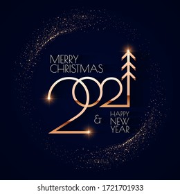 Happy New 2021 Year! Elegant Gold Text With Light. Minimalistic Text Template.