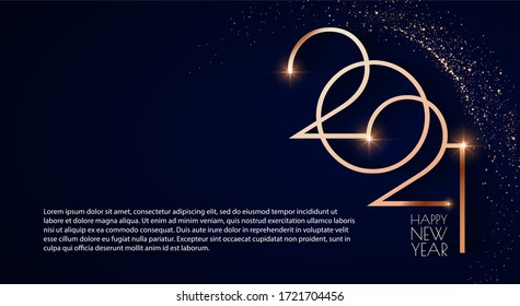 Happy new 2021 year! Elegant gold text with light. Minimalistic text template.