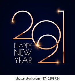 Happy new 2021 year! Elegant gold text with light. Minimalistic text template.
