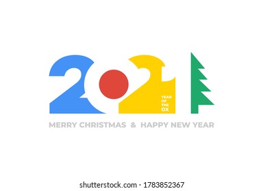Happy new 2021 year! Elegant colored text with light. Minimalistic text template. Chinese horoscope metal ox. Isolated on white background. Vector illustration.