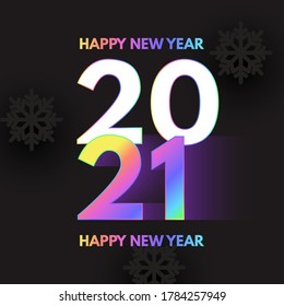 Happy New 2021 Year Elegant Design with neon rainbow new year number and black paper snowflakes.