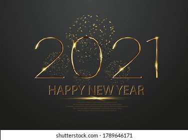 Happy new 2021 year. Elegant gold text with light. Party poster, banner or invitation gold glittering stars confetti glitter decoration. Liquid numbers 2021 are isolated on a grey background. Vector