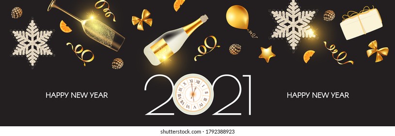 Happy New 2021 Year Elegant poster template. Festive and party design with champagne bottle and glasses. clock. bows. snowflakes, oranges and gifts.