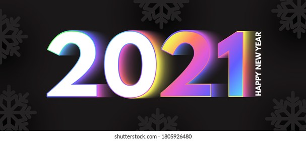 Happy New 2021 Year Elegant Design with neon rainbow new year number and black paper snowflakes.
