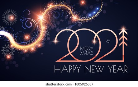 Alles Gute zum neuen Jahr 2021! Eleganter goldener Text mit heller und leuchtender Bokeh-Wirkung.