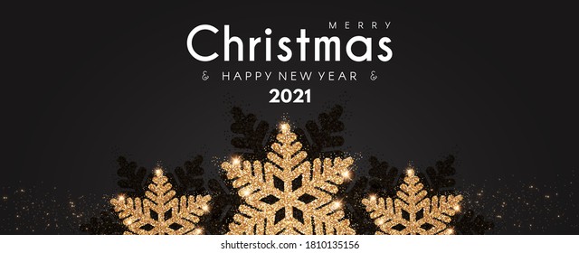 Happy New 2021 Year Elegant holiday design template with gold shining snowflakes.
