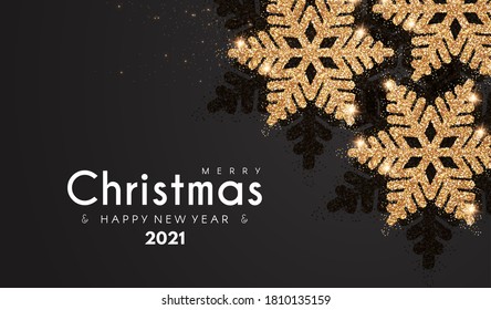 Happy New 2021 Year Elegant holiday design template with gold shining snowflakes.