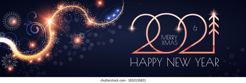 Happy New 2021 Year! Elegant gold text with light and shining bokeh effect.