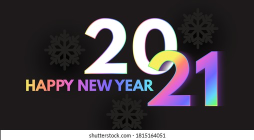 Happy New 2021 Year Elegant Design with neon rainbow new year number and black paper snowflakes.