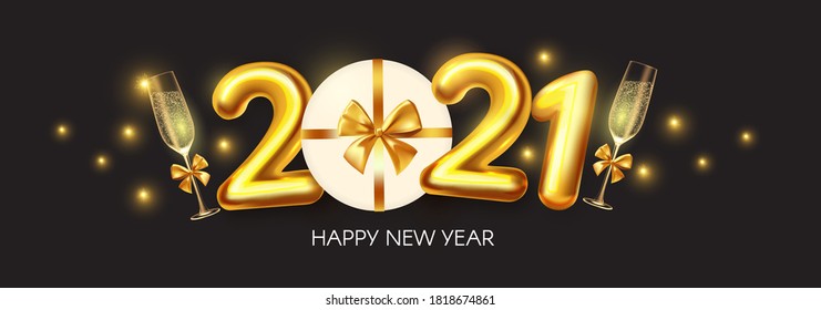 Happy New 2021 Year Elegant poster template. Festive and party design with champagne bottle and glasses. clock. bows. snowflakes, oranges and gifts.