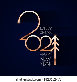 Happy new 2021 year! Elegant gold text with light. Minimalistic text template.