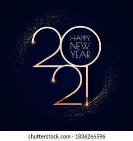 Happy new 2021 year! Elegant gold text with light. Minimalistic text template.