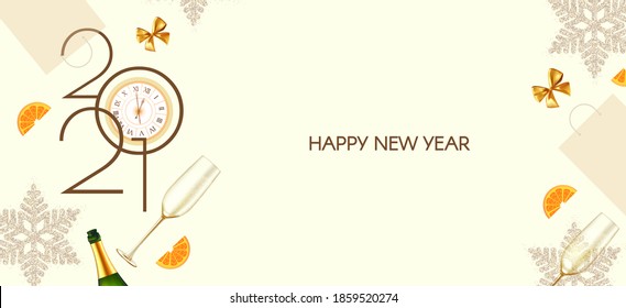 Happy New 2021 Year! Elegant poster template. Festive and party design with champagne bottle and glasses. clock. bows. snowflakes, oranges and gifts.