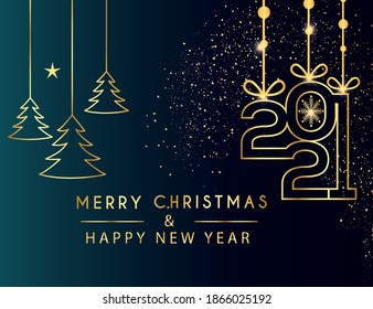 Happy new 2021 year! Elegant gold text with light. Minimalistic text 