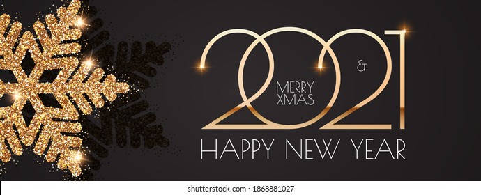 Happy New 2021 Year! Elegant holiday design template with gold shining snowflakes.