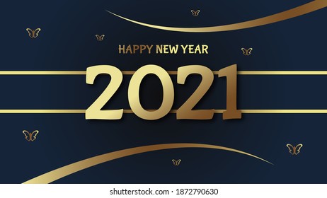 Happy new 2021 year! Elegant gold text with light. Minimalistic text