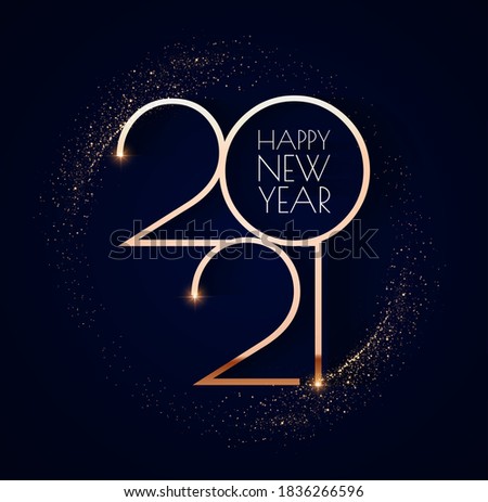 Happy new 2021 year! Elegant gold text with light. Minimalistic text template.
