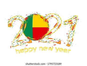 Happy New 2021 Year with flag of Benin. Holiday grunge vector illustration.
