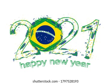 Happy New 2021 Year with flag of Brazil. Holiday grunge vector illustration.