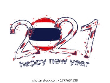 Happy New 2021 Year with flag of Thailand. Holiday grunge vector illustration.