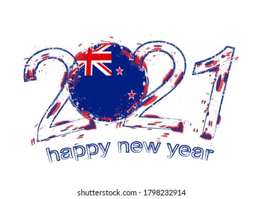 Happy New 2021 Year with flag of New Zealand. Holiday grunge vector illustration.