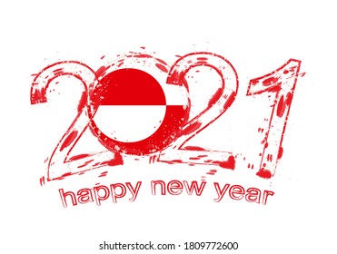 Happy New 2021 Year with flag of Greenland. Holiday grunge vector illustration.