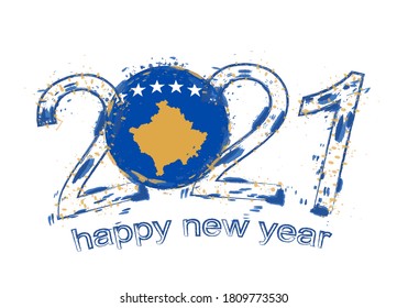 Alles Gute zum neuen Jahr 2021 mit der Flagge des Kosovo. Feiertagsgrunge, Vektorgrafik.