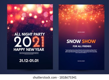 Happy new 2021 year flyer design template set with lights and bokeh effect.