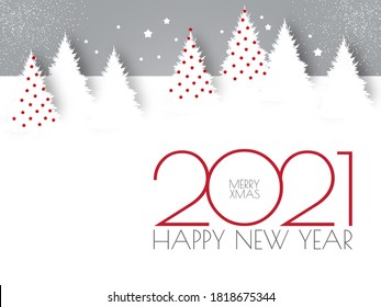 Happy New 2021 Year flyer design template. Elegant white card with Christmas trees. Coniferous forest.