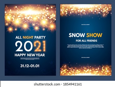 Happy new 2021 year flyer design template set with lights and bokeh effect.