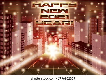 Happy New 2021 Year in Futuristic City, abstract modern building architecture wallpaper, vector illustration