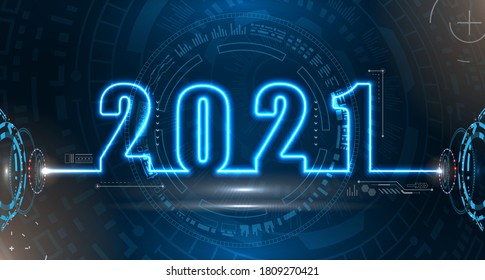 Happy New 2021 Year. Futuristic Neon Background. Future Technology Template