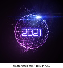 Happy New 2021 Year. Futuristic glowing neon light sphere with bursting light rays. Vector holiday illustration. Festive New Year 2020 party sign. Decoration element for design