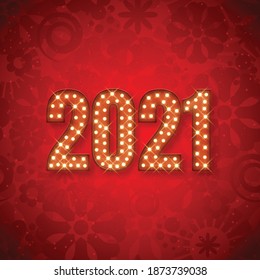 Happy New 2021 year glowing text banner with led lamps, postcard design, vector illustration