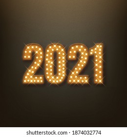 Happy New 2021 year glowing text banner with led lamps, postcard design, vector illustration