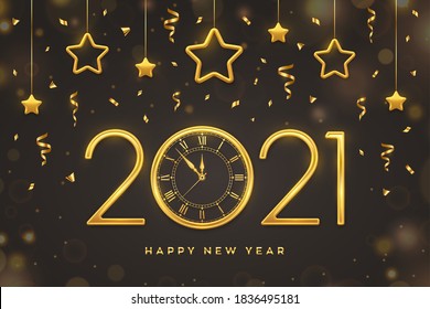 Happy New 2021 Year. Gold metallic numbers 2021 and watch with Roman numeral and countdown midnight, eve for New Year. Hanging golden stars on dark background. Holiday decoration. Vector illustration.