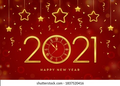 Happy New 2021 Year. Gold metallic numbers 2021 and watch with Roman numeral and countdown midnight, eve for New Year. Hanging golden stars on red background. Holiday decoration. Vector illustration.