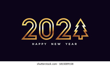 Happy New 2021 Year. Golden outline number 2021 with Christmas tree, shiny gold digits. Greeting card, Logo, Festive poster and banner. Vector illustration