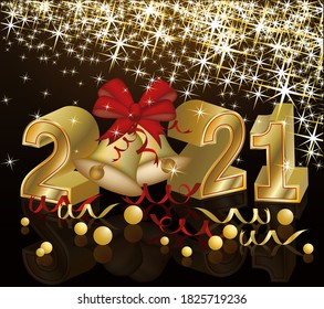 Happy new 2021 year with golden xmas bells, vector illustration	