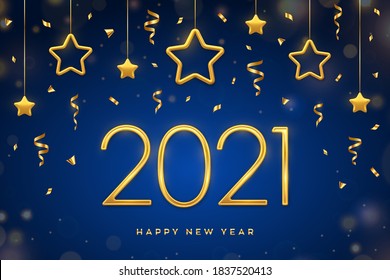 Happy New 2021 Year. Golden metallic numbers 2021 with shimmering hanging golden stars on blue background. New Year greeting card, cover or banner template. Holiday decoration. Vector illustration.